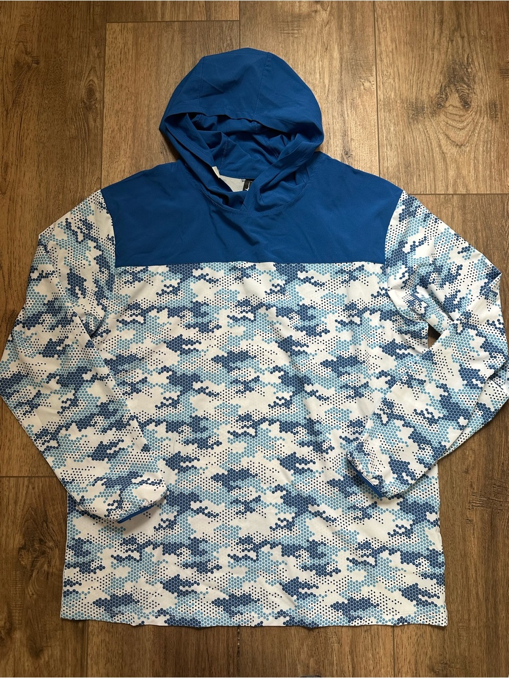 NEW Habit Men’s Hooded Performance Layer, UPF 50+, Blue Digital Camo, Fishing, L
